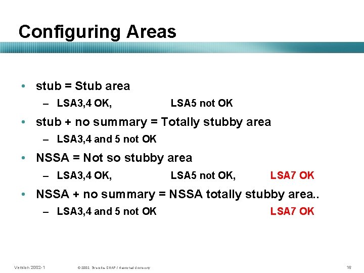 Configuring Areas • stub = Stub area – LSA 3, 4 OK, LSA 5