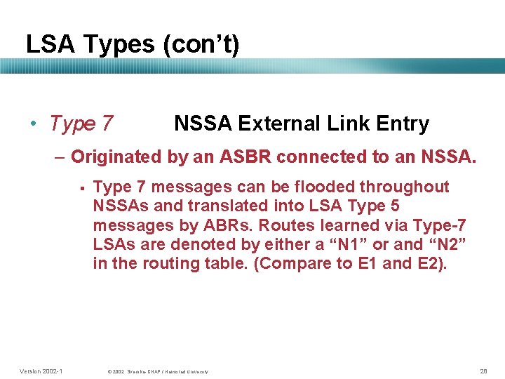 LSA Types (con’t) • Type 7 NSSA External Link Entry – Originated by an