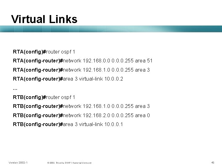 Virtual Links RTA(config)#router ospf 1 RTA(config-router)#network 192. 168. 0. 0. 0. 255 area 51