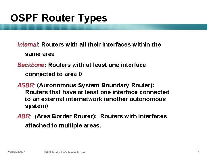 OSPF Router Types Internal: Internal Routers with all their interfaces within the same area
