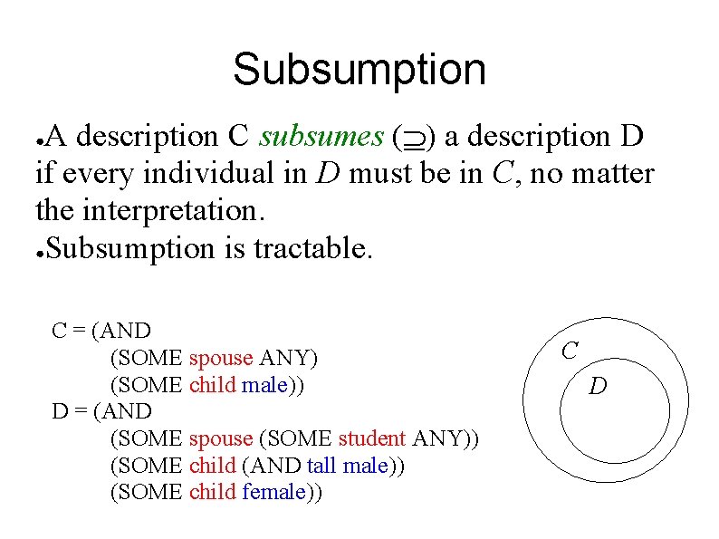 Subsumption A description C subsumes ( ) a description D if every individual in