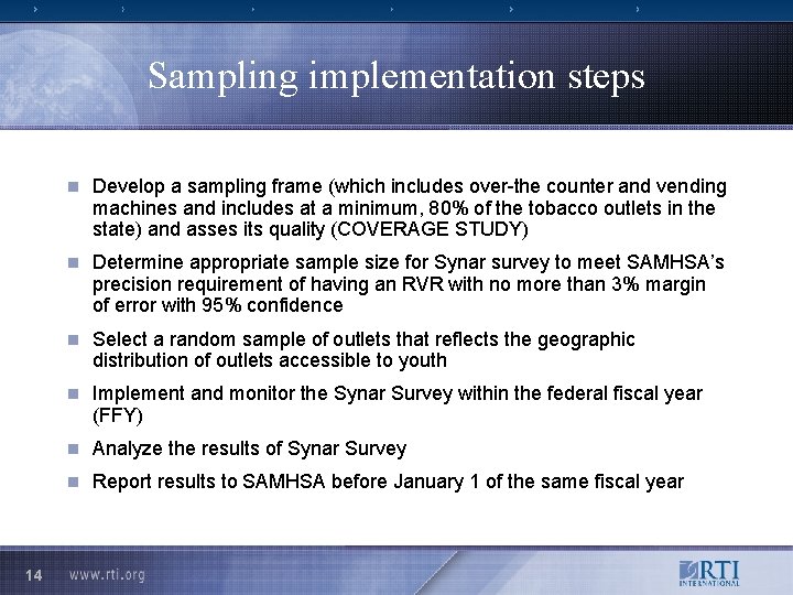 Sampling implementation steps 14 n Develop a sampling frame (which includes over-the counter and