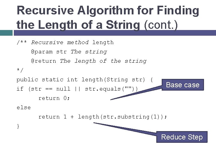Recursive Algorithm for Finding the Length of a String (cont. ) /** Recursive method