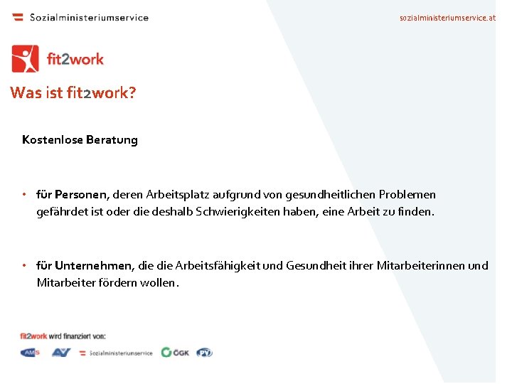 sozialministeriumservice. at Was ist fit 2 work? Kostenlose Beratung • für Personen, deren Arbeitsplatz