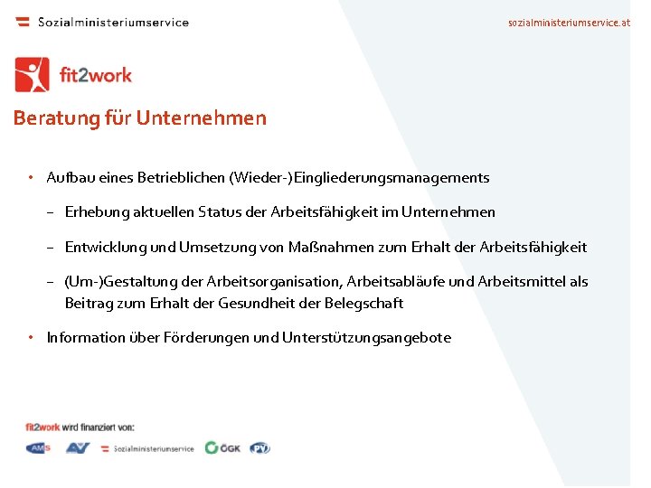 sozialministeriumservice. at Beratung für Unternehmen • Aufbau eines Betrieblichen (Wieder-)Eingliederungsmanagements − Erhebung aktuellen Status