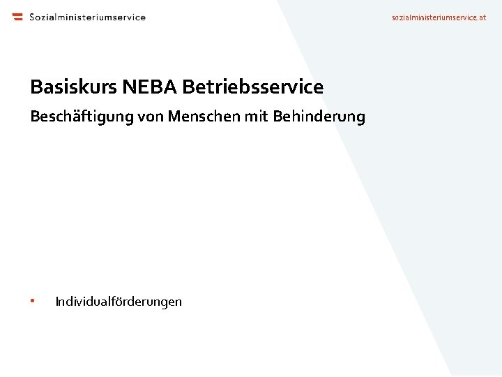 sozialministeriumservice. at Basiskurs NEBA Betriebsservice Beschäftigung von Menschen mit Behinderung • Individualförderungen 