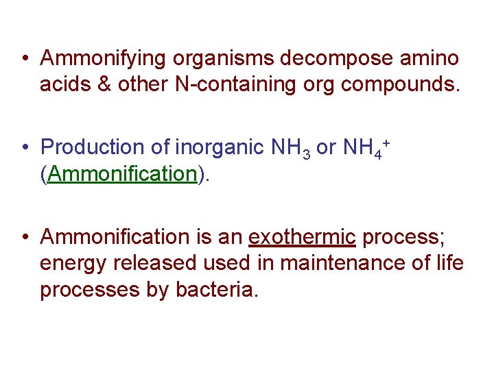 • Ammonifying organisms decompose amino acids & other N-containing org compounds. • Production • Ammonifying organisms decompose amino acids & other N-containing org compounds. • Production