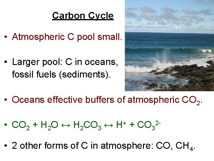 Carbon Cycle • Atmospheric C pool small. • Larger pool: C in oceans, fossil