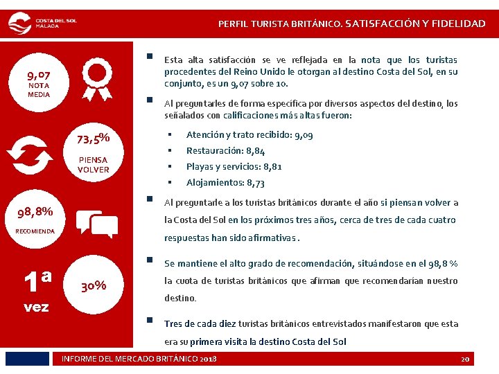 PERFIL TURISTA BRITÁNICO. SATISFACCIÓN Y FIDELIDAD § 9, 07 NOTA MEDIA § 73, 5%