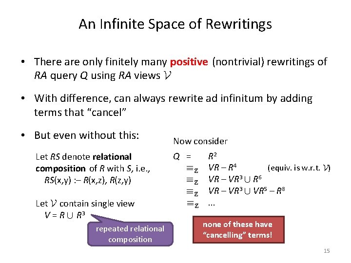 An Infinite Space of Rewritings • There are only finitely many positive (nontrivial) rewritings