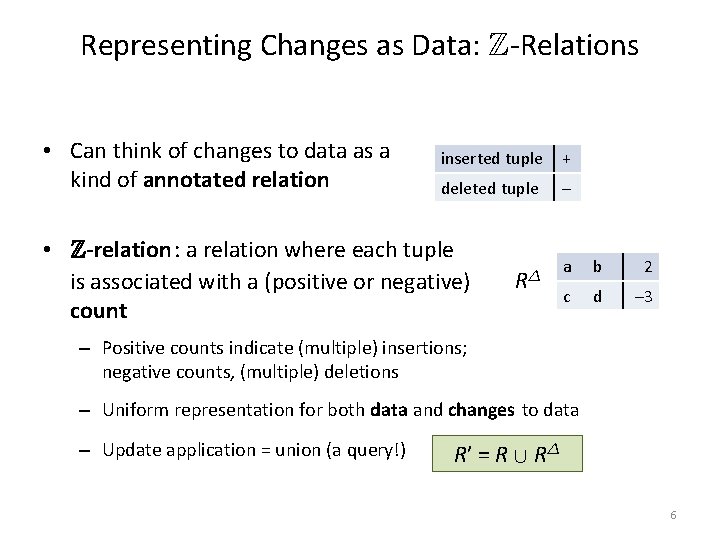 Representing Changes as Data: Z-Relations • Can think of changes to data as a
