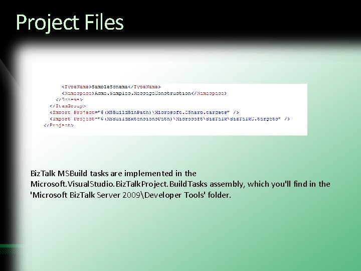 Project Files Biz. Talk MSBuild tasks are implemented in the Microsoft. Visual. Studio. Biz.