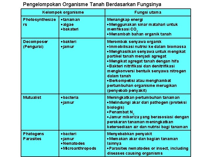 Pengelompokan Organisme Tanah Berdasarkan Fungsinya Kelompok organisme Fungsi utama Photosynthesize rs tanaman algae bakateri