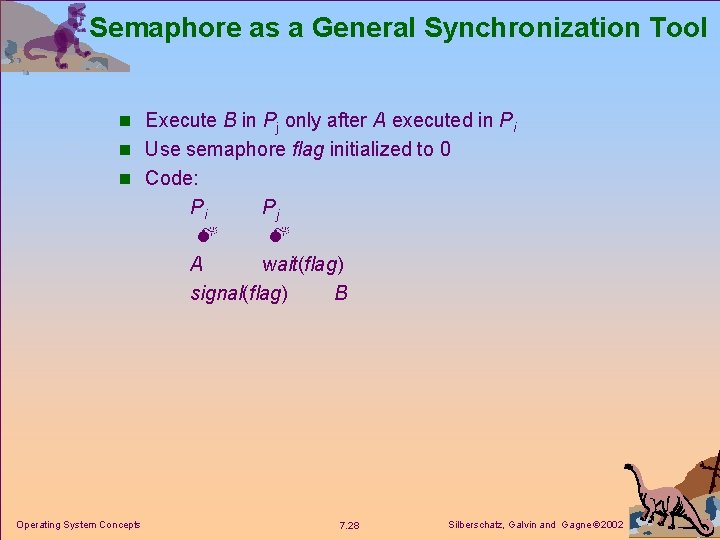 Semaphore as a General Synchronization Tool n Execute B in Pj only after A