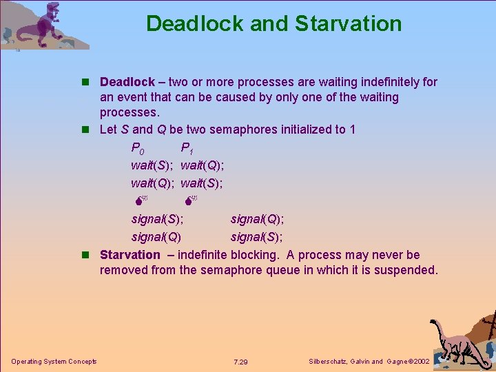 Deadlock and Starvation n Deadlock – two or more processes are waiting indefinitely for