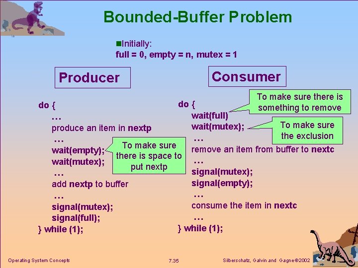 Bounded-Buffer Problem n. Initially: full = 0, empty = n, mutex = 1 Consumer