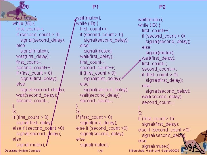 P 0 wait(mutex); while (!B) { first_count++; if (second_count > 0) signal(second_delay); else signal(mutex);