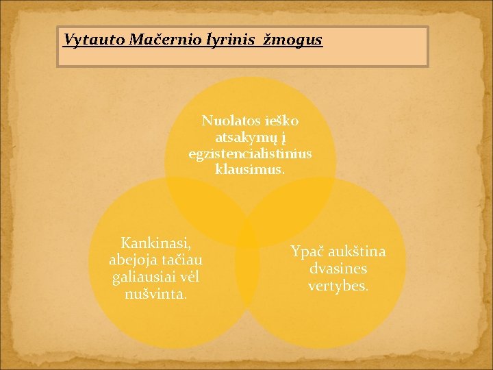 Vytauto Mačernio lyrinis žmogus Nuolatos ieško atsakymų į egzistencialistinius klausimus. Kankinasi, abejoja tačiau galiausiai