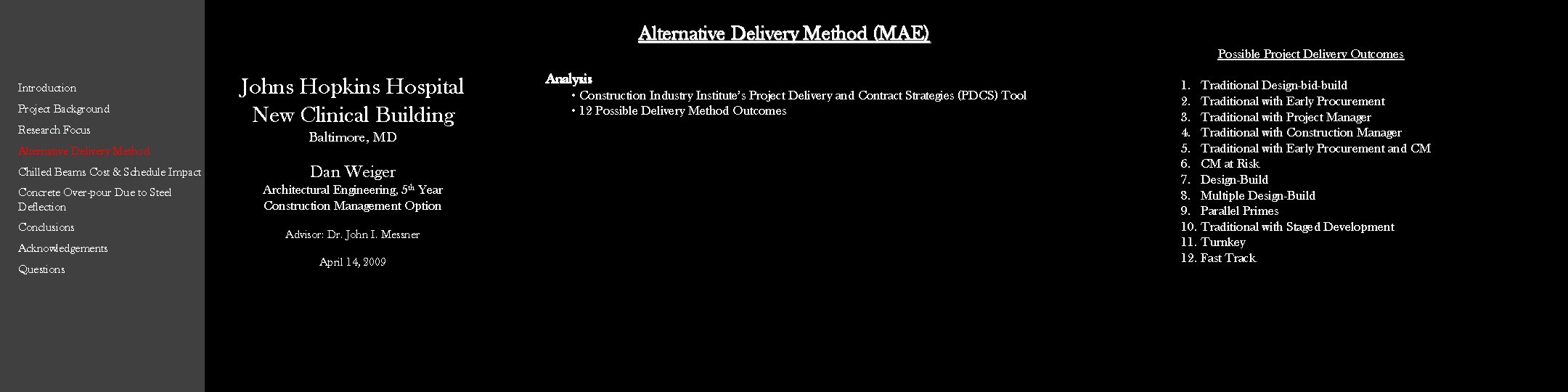 Alternative Delivery Method (MAE) Possible Project Delivery Outcomes Introduction Project Background Research Focus Alternative