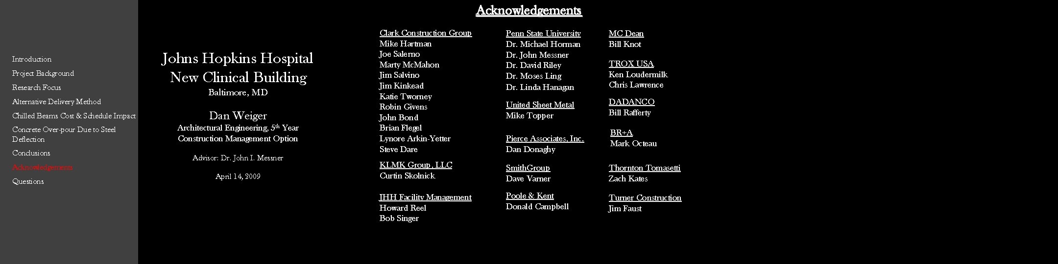 Acknowledgements Introduction Project Background Research Focus Alternative Delivery Method Chilled Beams Cost & Schedule Acknowledgements Introduction Project Background Research Focus Alternative Delivery Method Chilled Beams Cost & Schedule