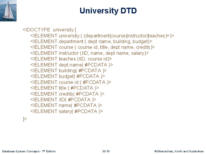 University DTD <!DOCTYPE university [ <!ELEMENT university ( (department|course|instructor|teaches)+)> <!ELEMENT department ( dept name,