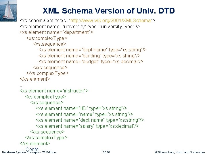 XML Schema Version of Univ. DTD <xs: schema xmlns: xs=“http: //www. w 3. org/2001/XMLSchema”>