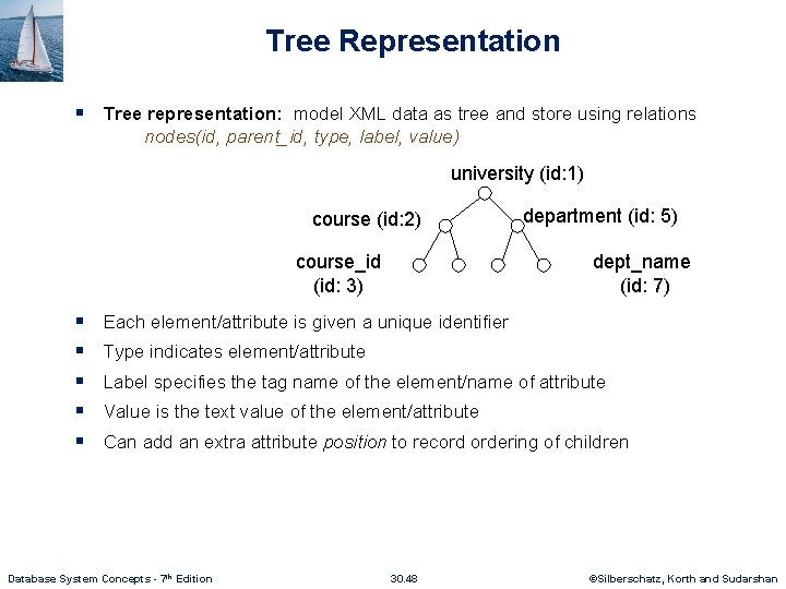 Tree Representation § Tree representation: model XML data as tree and store using relations