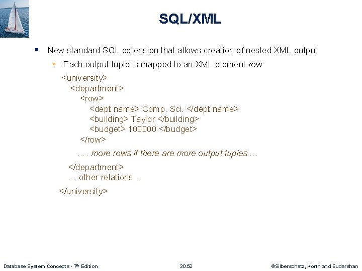SQL/XML § New standard SQL extension that allows creation of nested XML output •