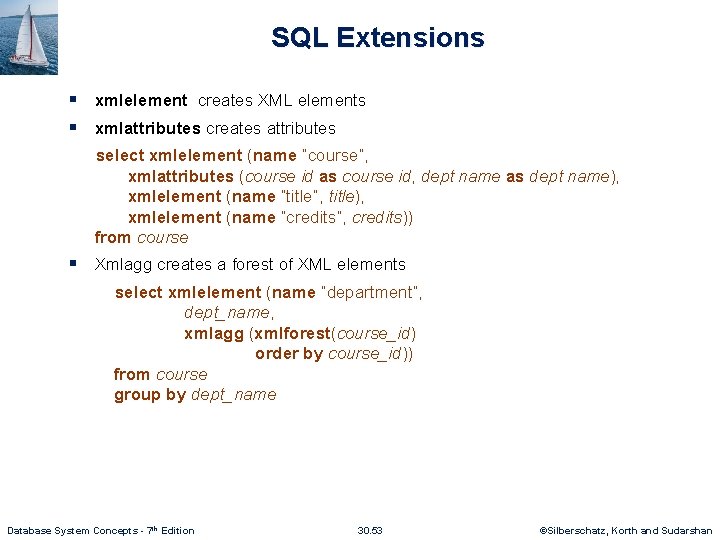 SQL Extensions § xmlelement creates XML elements § xmlattributes creates attributes select xmlelement (name
