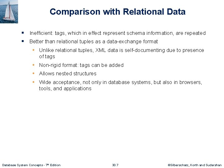 Comparison with Relational Data § Inefficient: tags, which in effect represent schema information, are