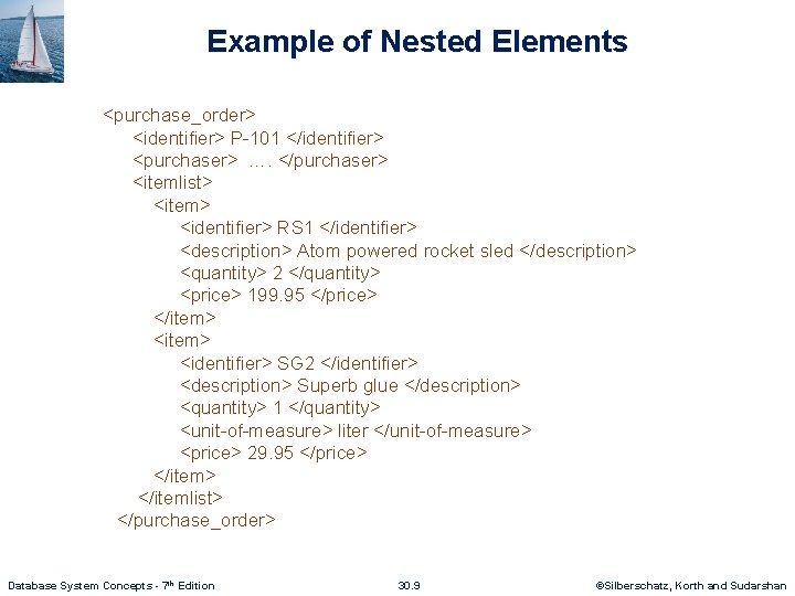 Example of Nested Elements <purchase_order> <identifier> P-101 </identifier> <purchaser> …. </purchaser> <itemlist> <item> <identifier>