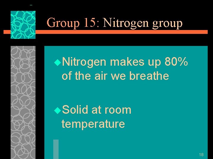 Group 15: Nitrogen group u. Nitrogen makes up 80% of the air we breathe