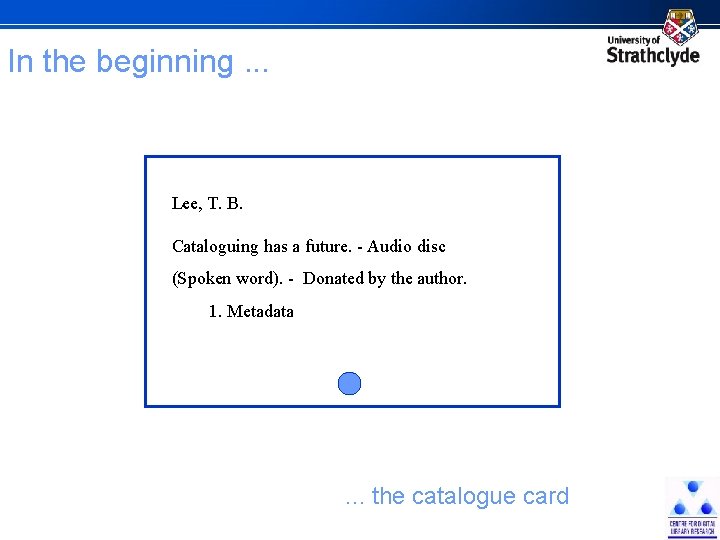 In the beginning. . . Lee, T. B. Cataloguing has a future. - Audio