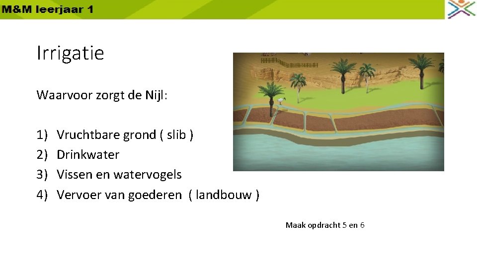 Irrigatie Waarvoor zorgt de Nijl: 1) 2) 3) 4) Vruchtbare grond ( slib )