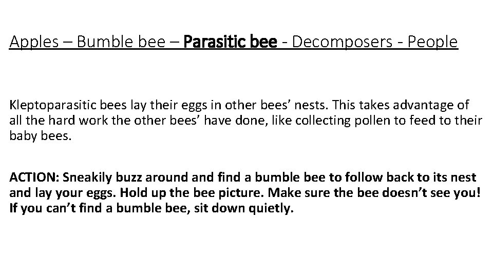 Apples – Bumble bee – Parasitic bee - Decomposers - People Kleptoparasitic bees lay