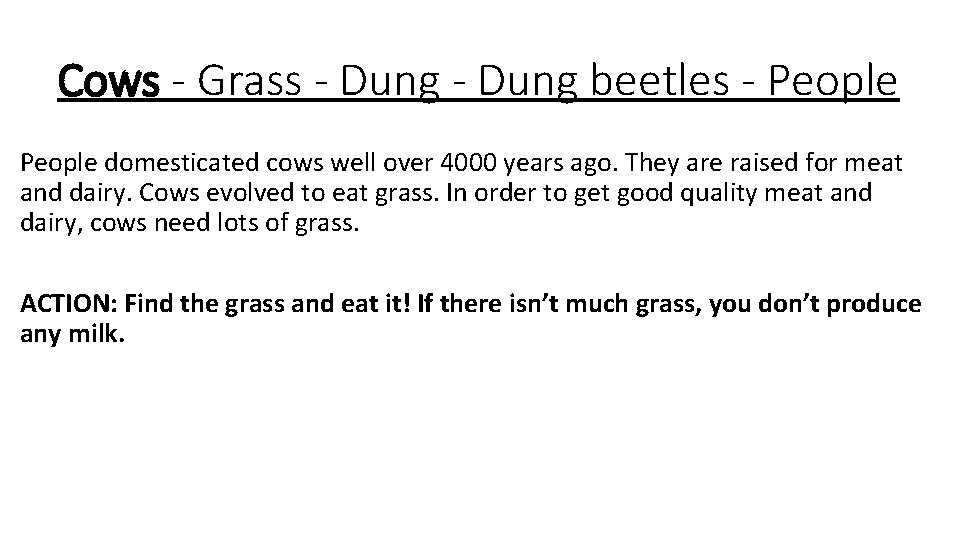 Cows - Grass - Dung beetles - People domesticated cows well over 4000 years