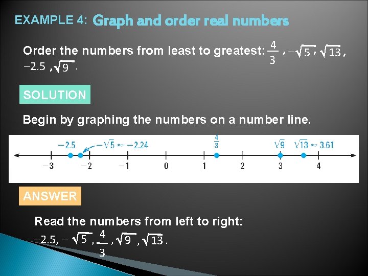 EXAMPLE 4: Graph and order real numbers Order the numbers from least to greatest: