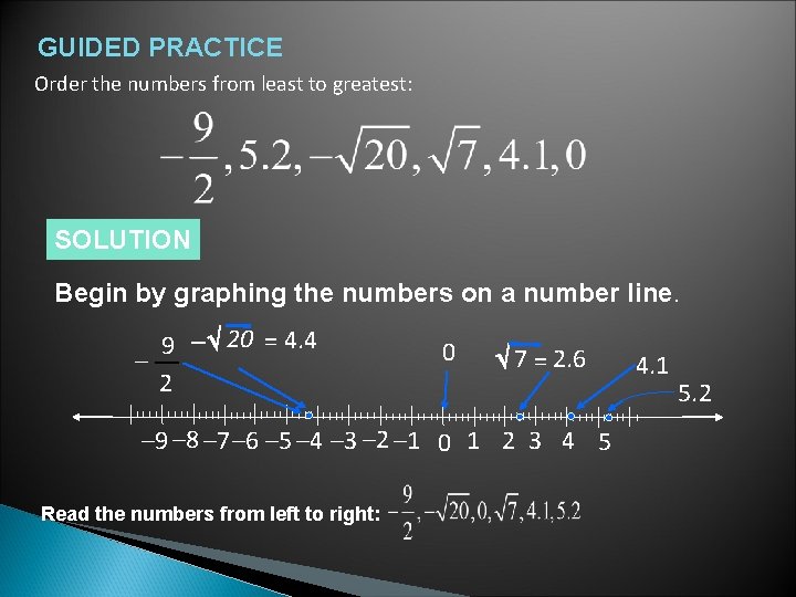 GUIDED PRACTICE Order the numbers from least to greatest: SOLUTION Begin by graphing the