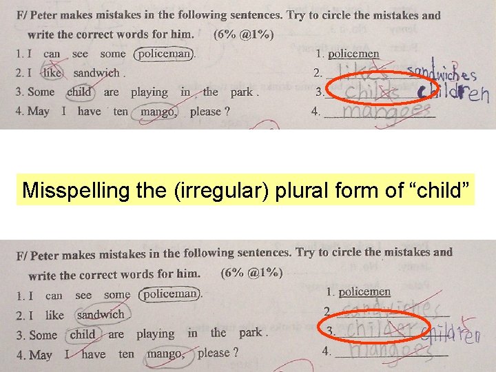 Misspelling the (irregular) plural form of “child” 