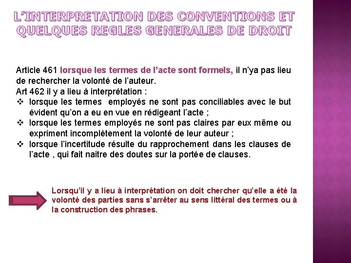 L’INTERPRETATION DES CONVENTIONS ET QUELQUES REGLES GENERALES DE DROIT Article 461 lorsque les termes L’INTERPRETATION DES CONVENTIONS ET QUELQUES REGLES GENERALES DE DROIT Article 461 lorsque les termes