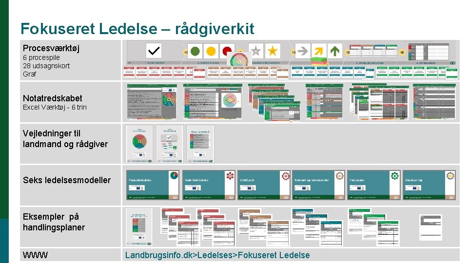 Fokuseret Ledelse – rådgiverkit Procesværktøj 6 procespile 28 udsagnskort Graf Notatredskabet Excel Værktøj -