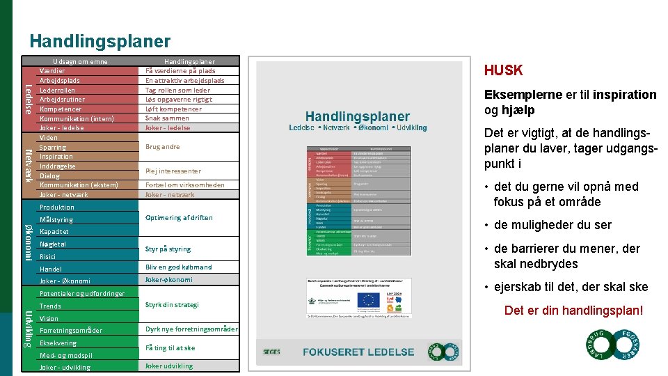 Handlingsplaner Ledelse Netværk Udsagn om emne Værdier Arbejdsplads Lederrollen Arbejdsrutiner Kompetencer Kommunikation (intern) Joker