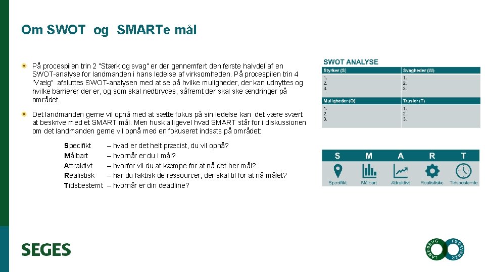 Om SWOT og SMARTe mål På procespilen trin 2 ”Stærk og svag” er der