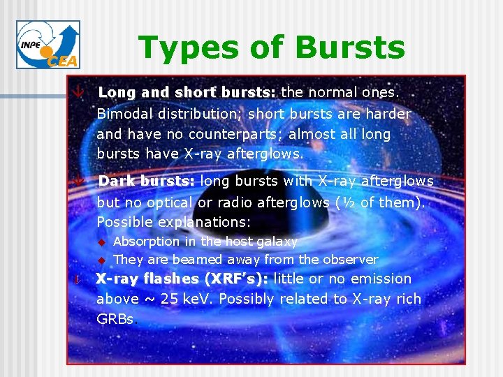 Types of Bursts CEA Long and short bursts: the normal ones. Bimodal distribution; short