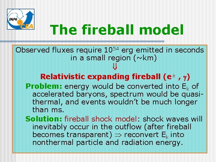 CEA The fireball model Observed fluxes require 1054 erg emitted in seconds in a