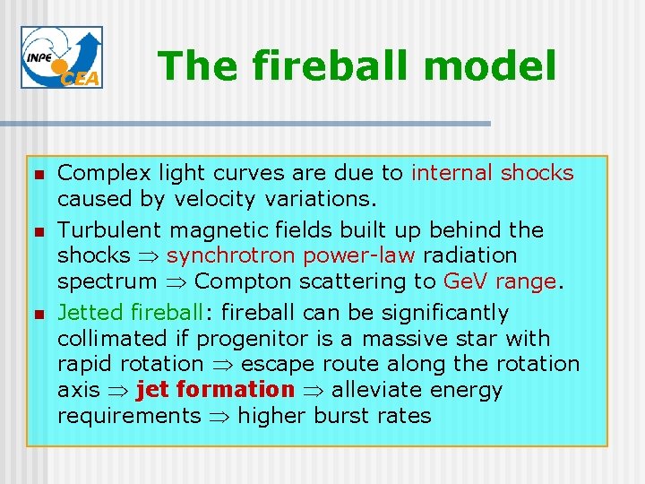 CEA n n n The fireball model Complex light curves are due to internal