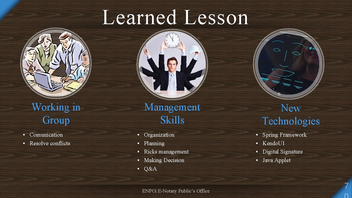 Learned Lesson Working in Group • Comunication • Resolve conflicts Management Skills • •