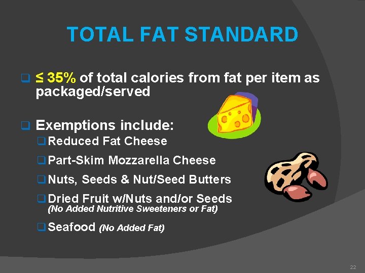 TOTAL FAT STANDARD q ≤ 35% of total calories from fat per item as