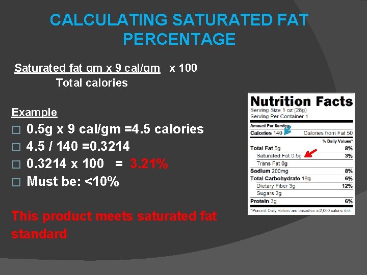 CALCULATING SATURATED FAT PERCENTAGE Saturated fat gm x 9 cal/gm x 100 Total calories