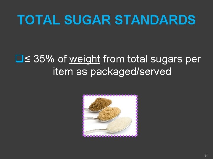 TOTAL SUGAR STANDARDS q≤ 35% of weight from total sugars per item as packaged/served